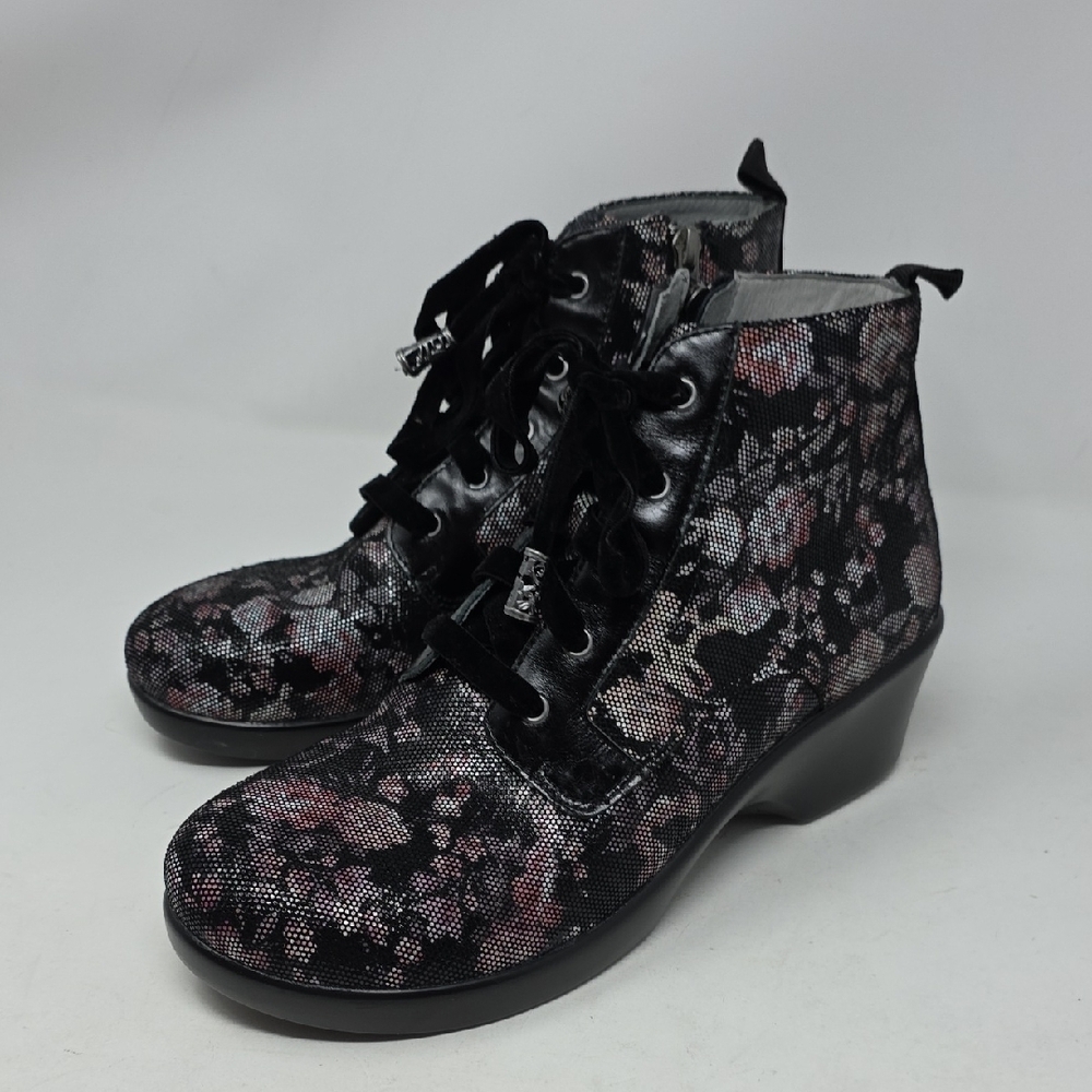 Alegria Black and Pink Lace Up Boots with Floral Pattern Size 41